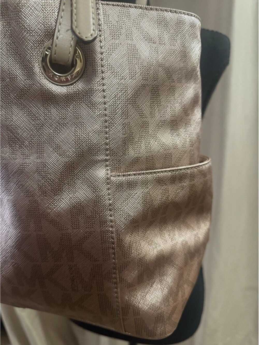 Michael Kors Large Metallic Rose Gold MK Logo Tote Shoulder Bag Gold Hardware